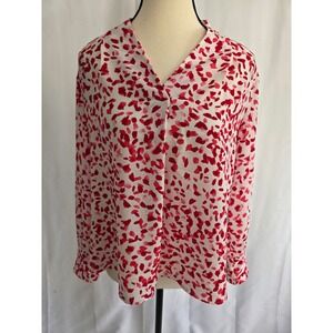 Investments Petites PM Red‎ Print Long Sleeve Blouse Career Casual